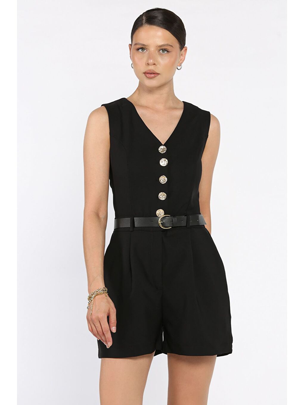 Siyah Kadın Kemerli Tulum-1