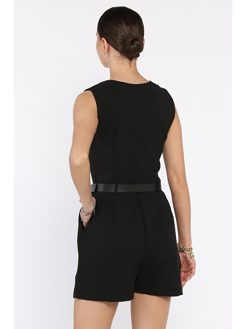 Siyah Kadın Kemerli Tulum-2