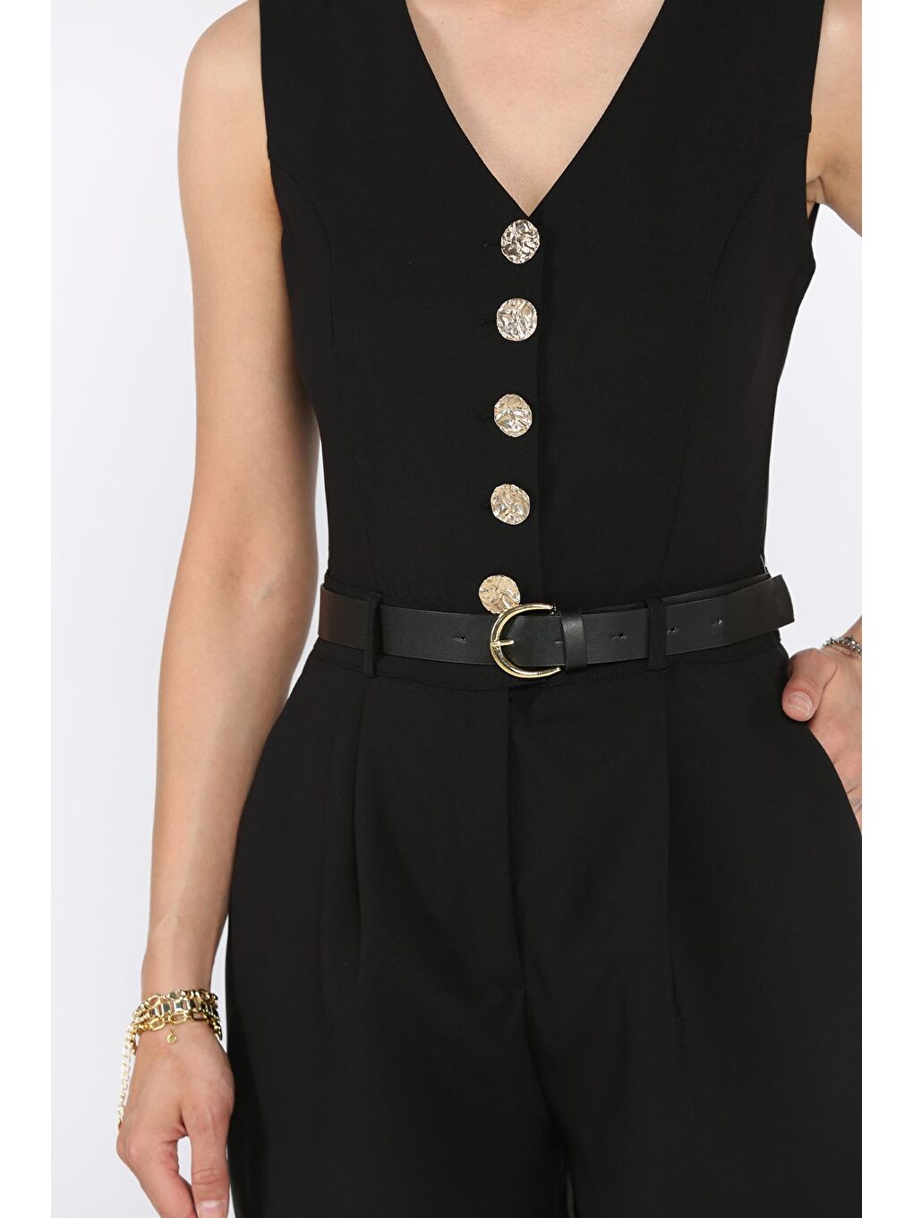 Siyah Kadın Kemerli Tulum-3