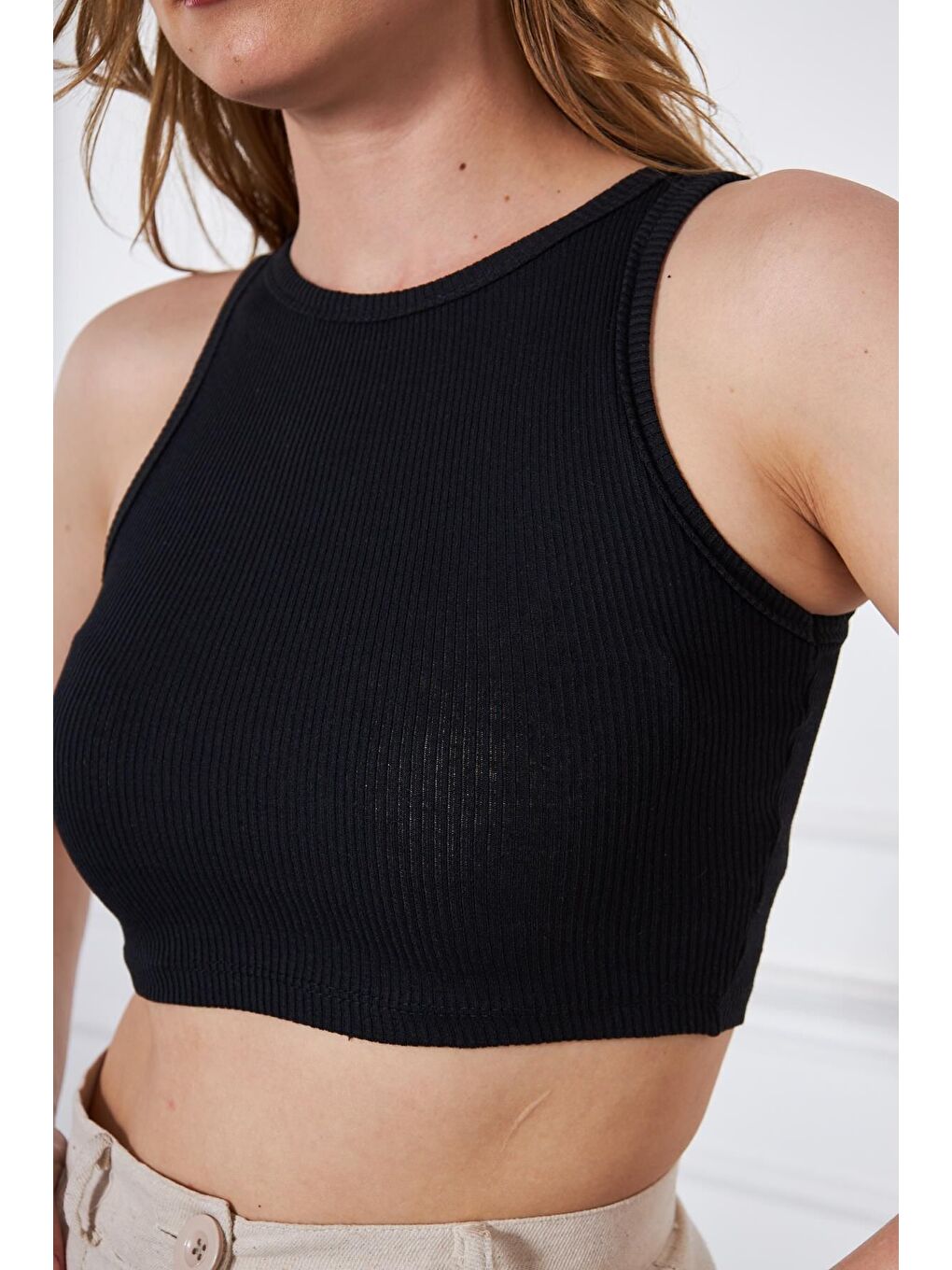 Kadın Crop Top Siyah Basic Bluz-1