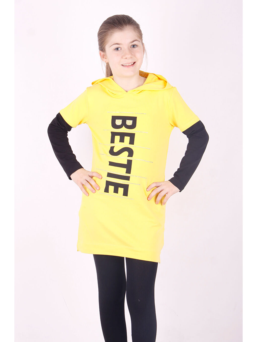 Sarı Kız Çocuk Bestie Baskılı Kapüşonlu Elbise