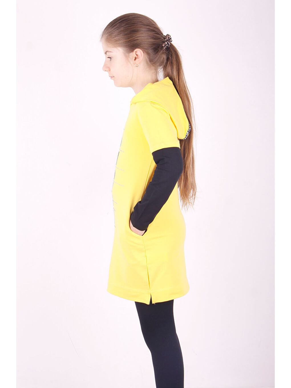 Sarı Kız Çocuk Bestie Baskılı Kapüşonlu Elbise-1