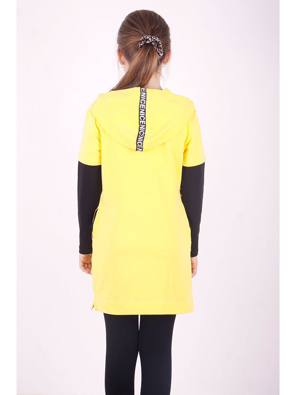 Sarı Kız Çocuk Bestie Baskılı Kapüşonlu Elbise-2