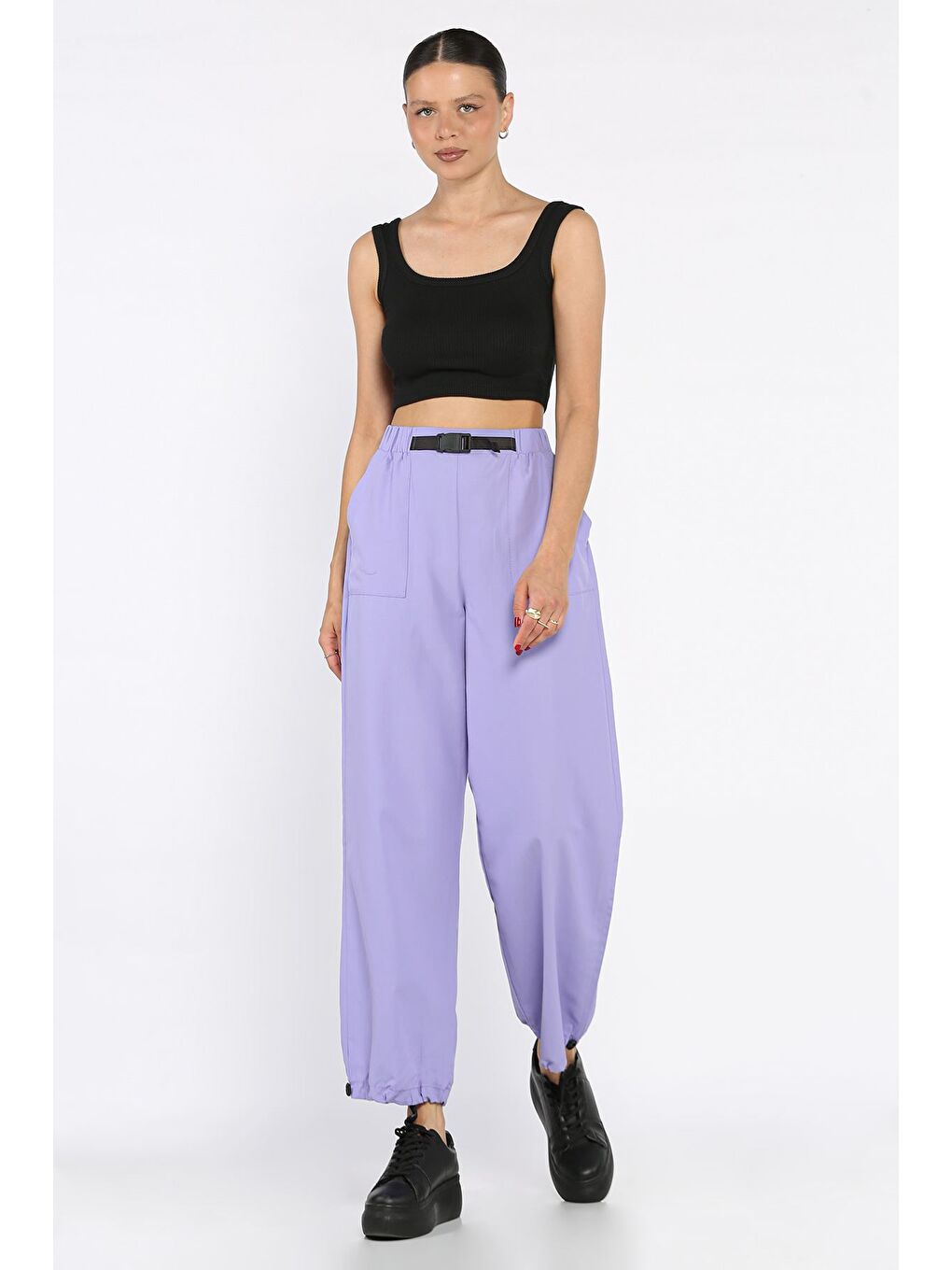 Lila Bel Ve Paça Lastikli Kadın Paraşüt Pantolon-1