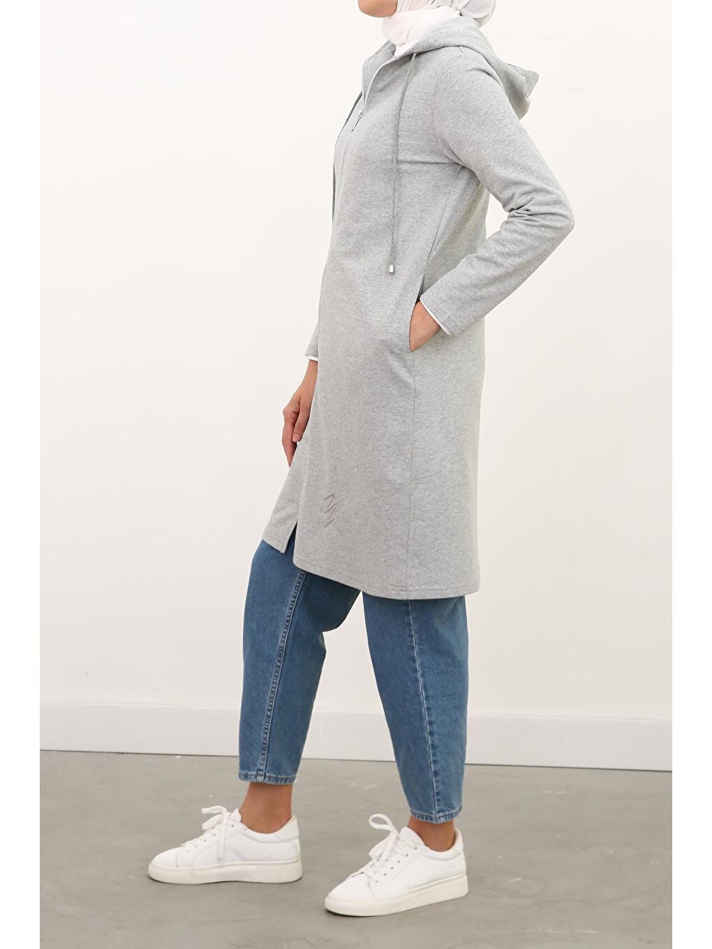 Gri Melanj Fermuarlı Kapüşonlu Hırka-2