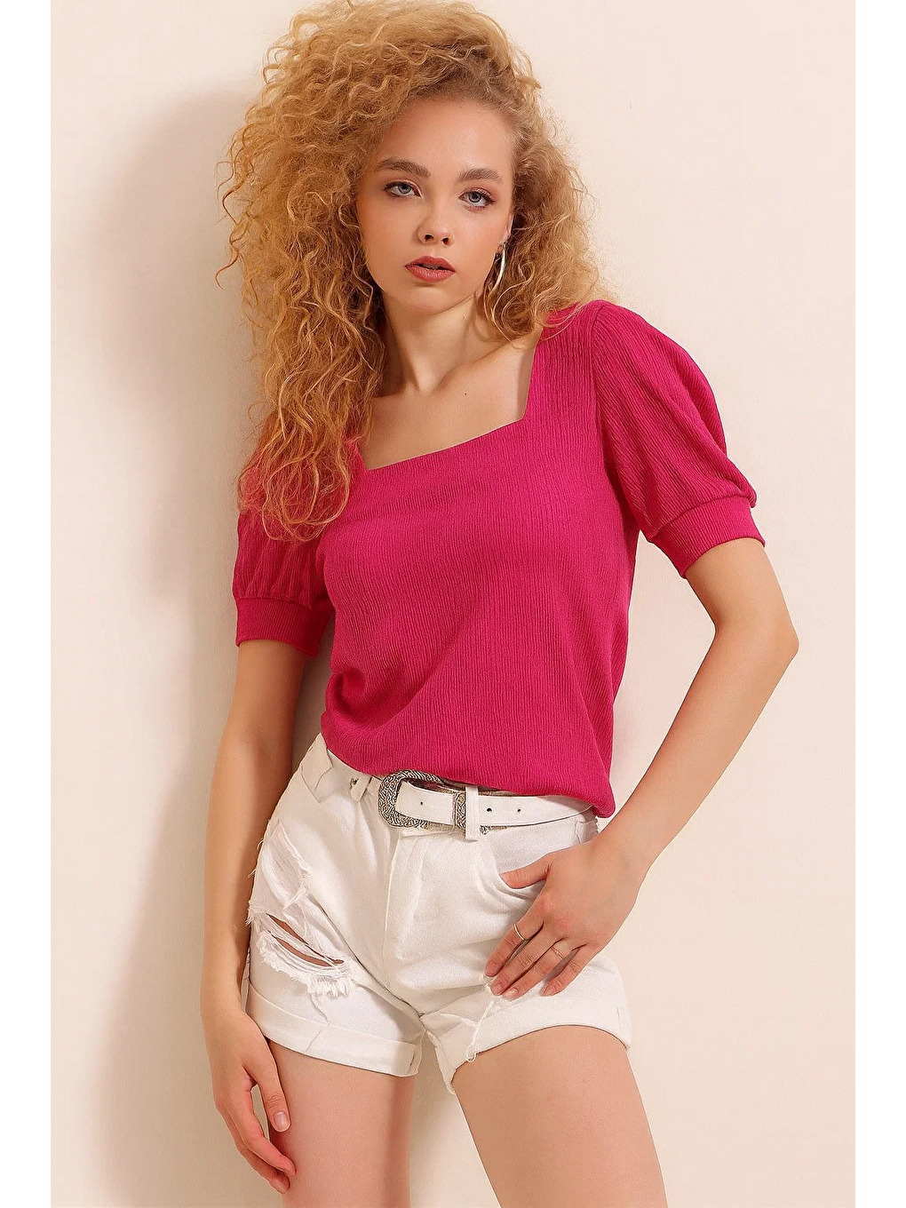 Fuşya Kare Yaka Örme Bluz-3