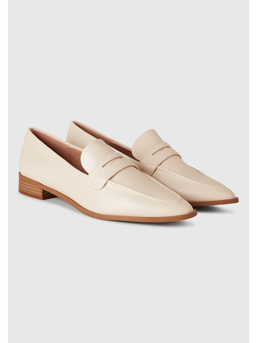 Bej Kadın Taş Rengi Napa Efektli Kısa Topuk Detaylı Sivri Burun Mokasen Ayakkabı-2