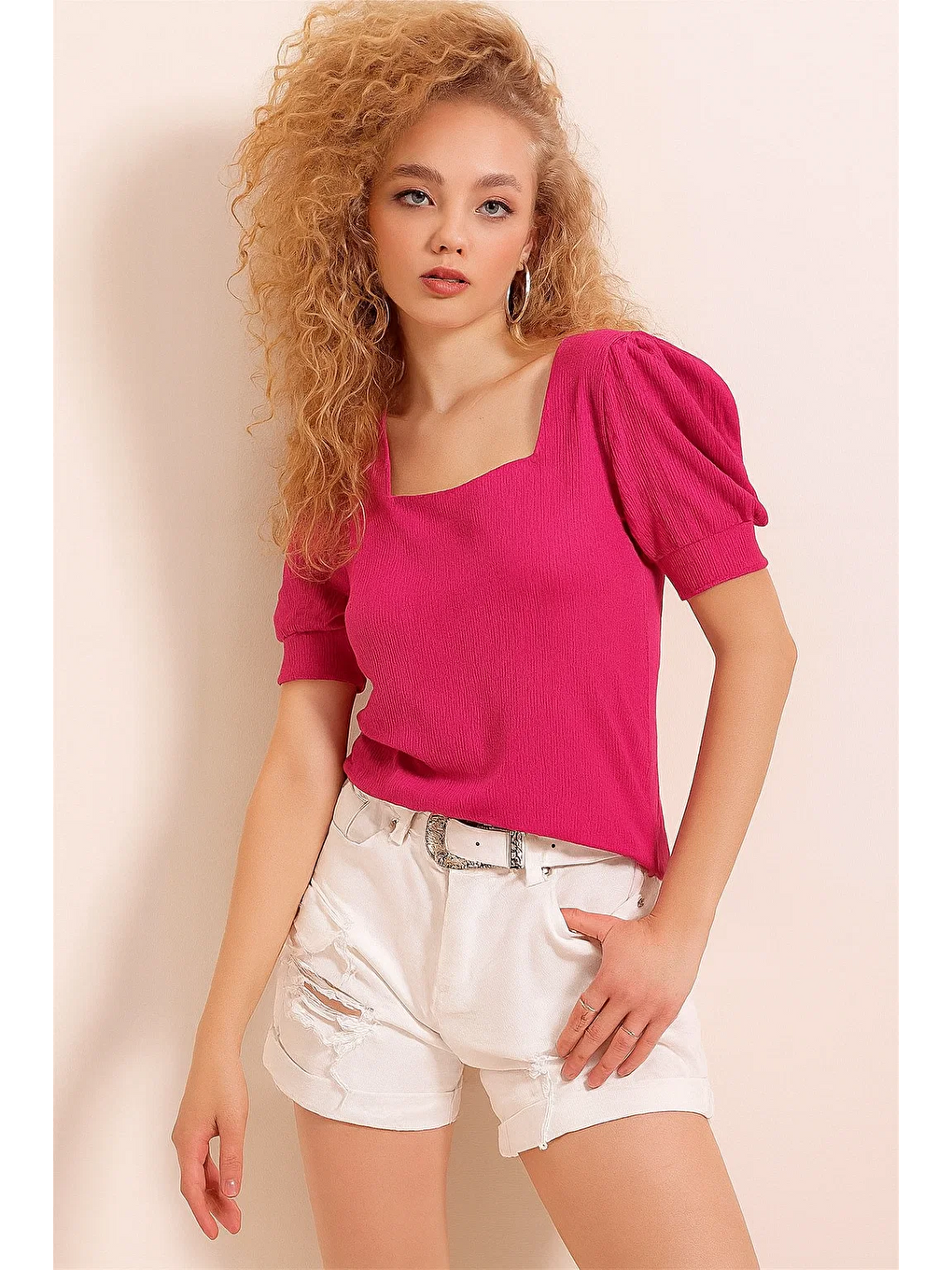 Fuşya Kare Yaka Örme Bluz-4