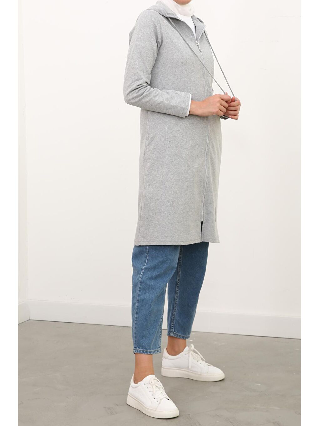 Gri Melanj Fermuarlı Kapüşonlu Hırka-3