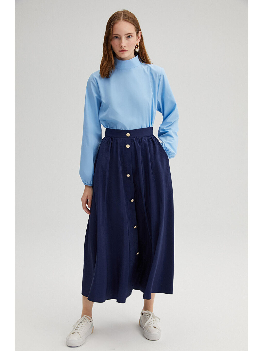 Lacivert Gold Düğmeli Kupra Etek