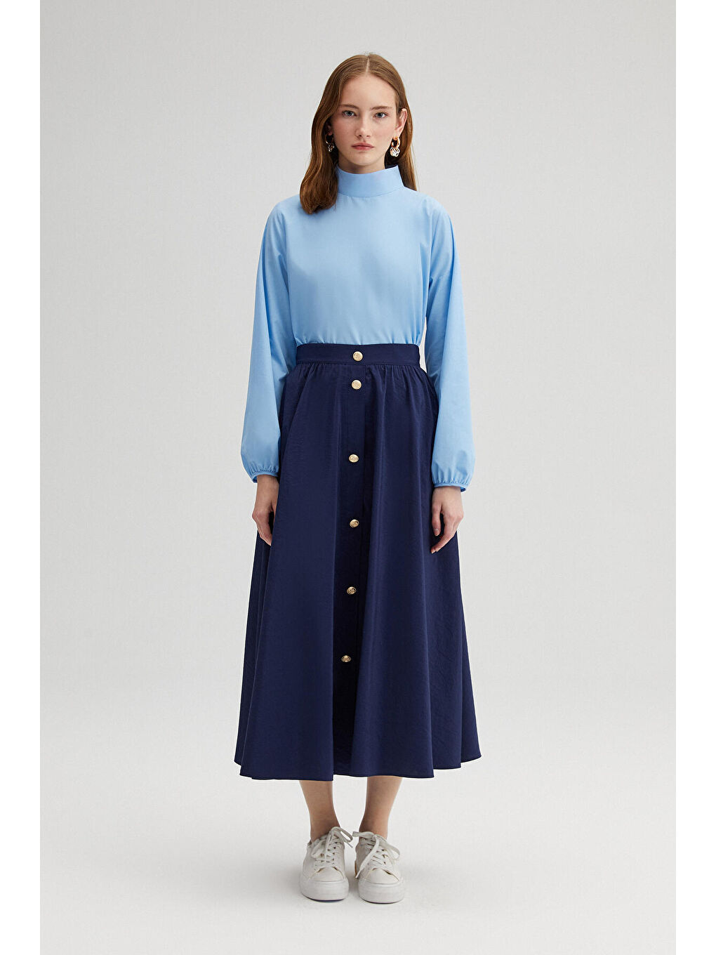 Lacivert Gold Düğmeli Kupra Etek-1