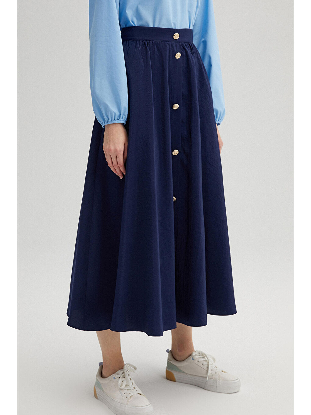 Lacivert Gold Düğmeli Kupra Etek-2