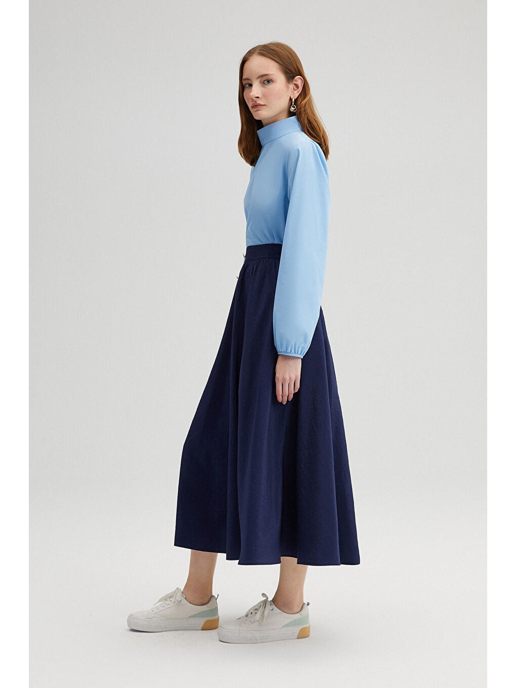 Lacivert Gold Düğmeli Kupra Etek-3