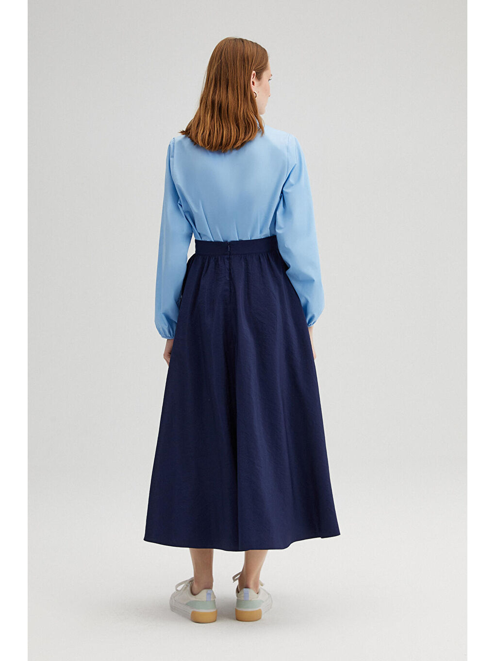 Lacivert Gold Düğmeli Kupra Etek-4