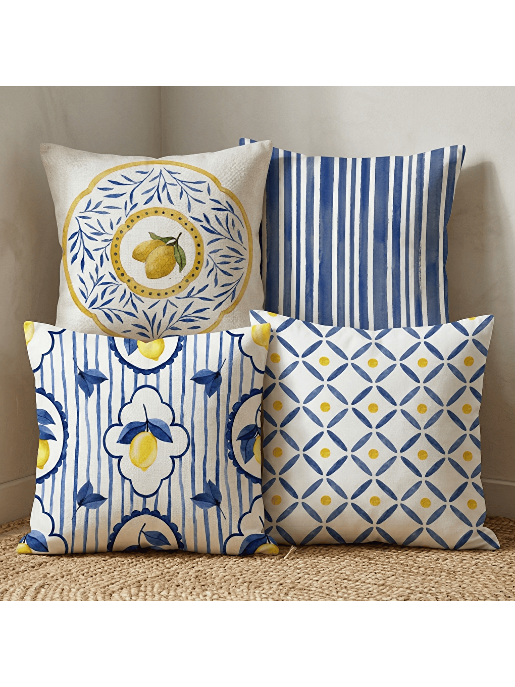Sarı Akdeniz Serisi Limon Temalı 4'lü Dekoratif Kadife Kırlent Kılıfı-2