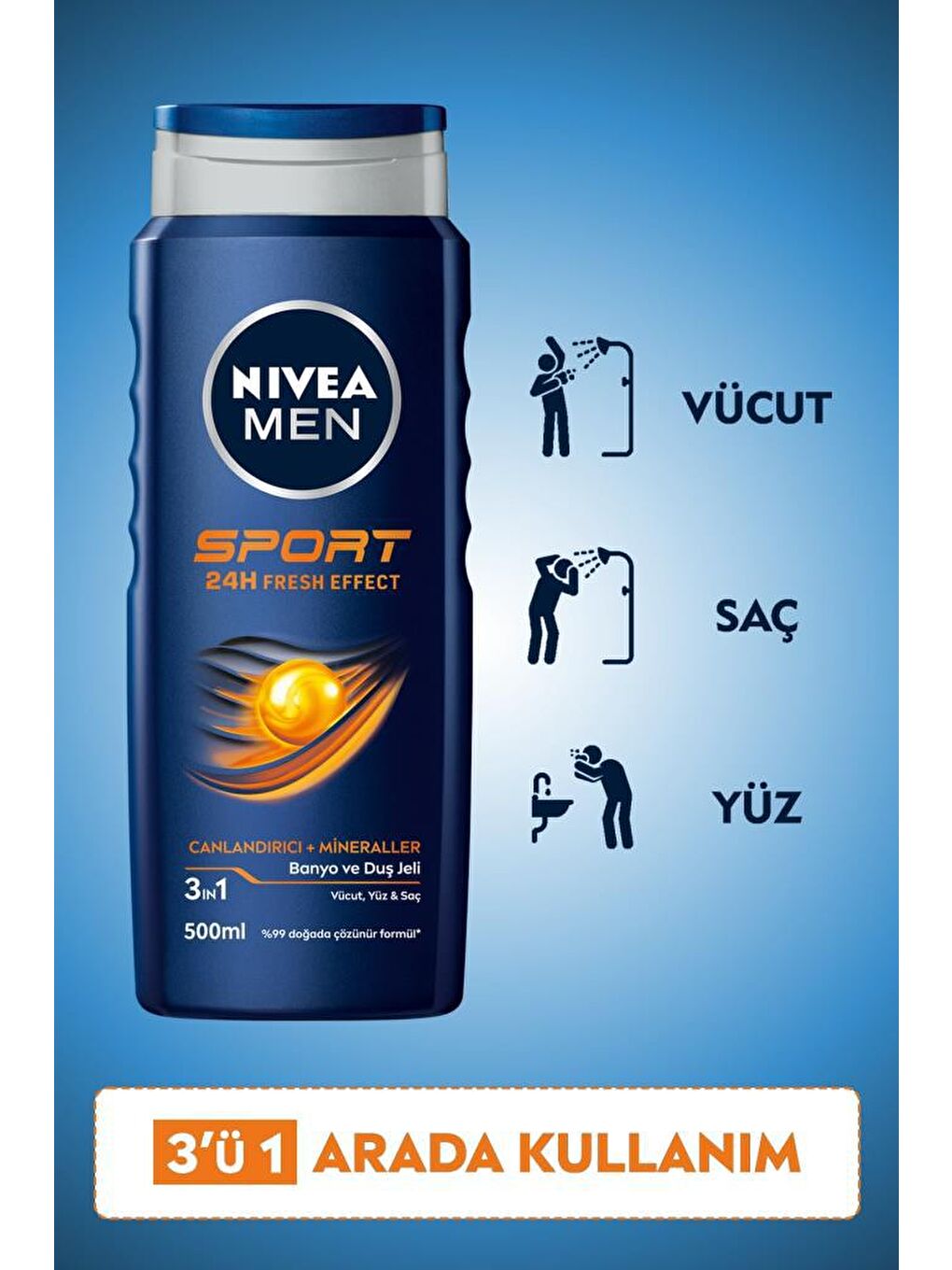 NIVEA Şeffaf Men Sport Duş Jeli, Vücut, Yüz Ve Saç Şampuanı 500 ml X3 Adet - 1