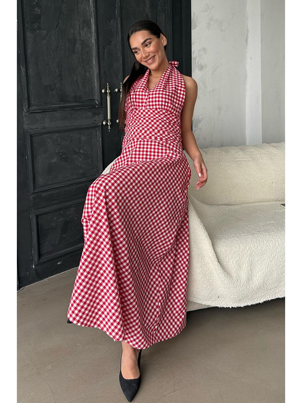 Kırmızı Ekoseli Midi Boy Kadın Elbise Mg2350-4