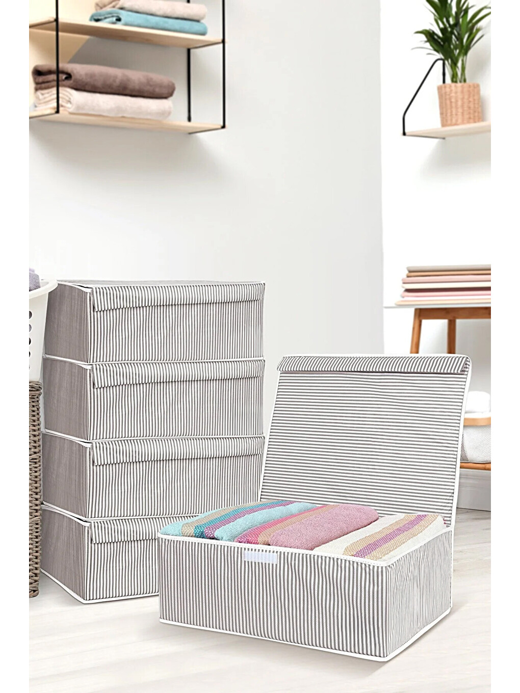 Gri 5 Adet Kapaklı Hurç Saklama Kutusu 50x40x19 cm