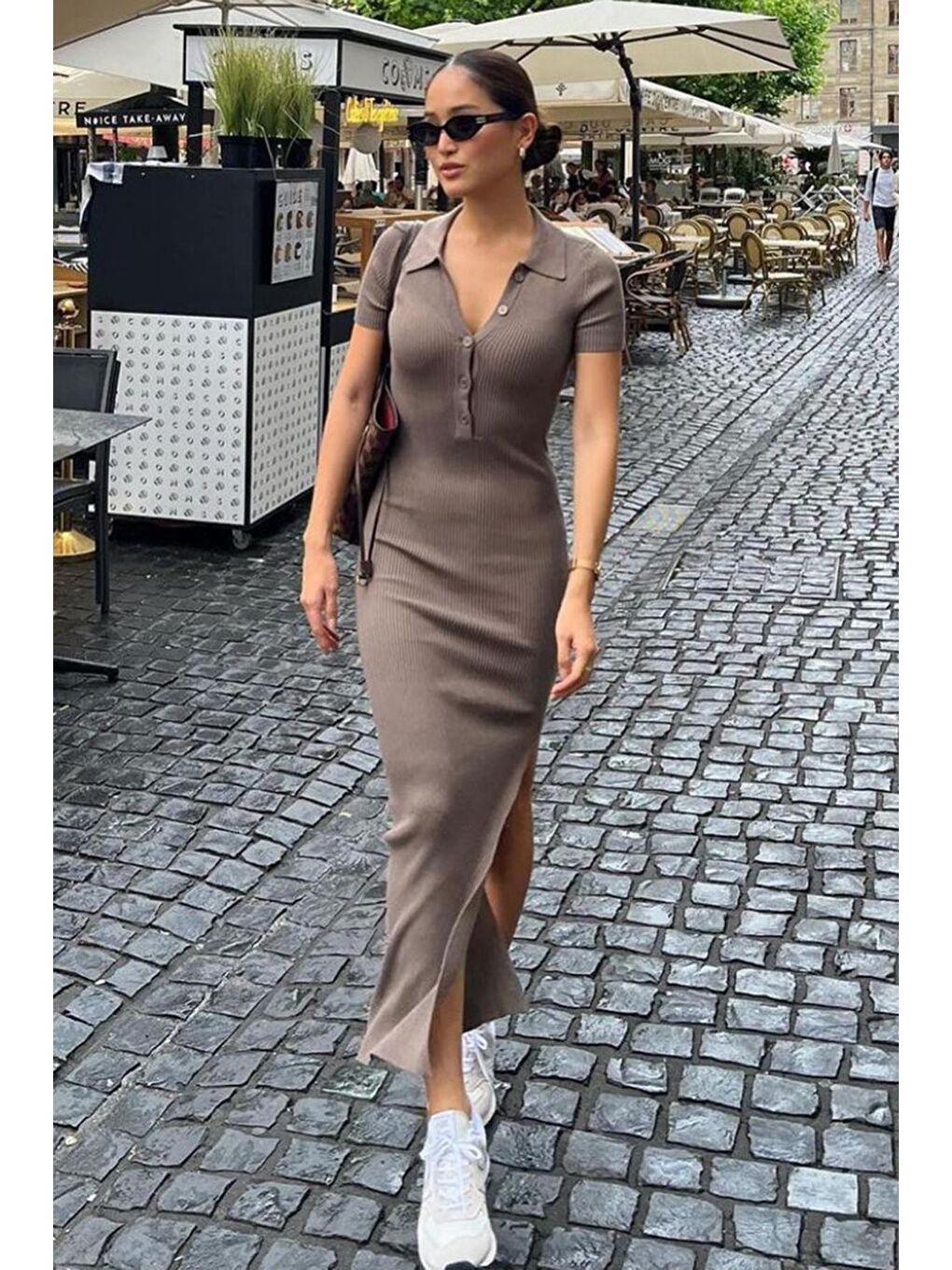 Bej Vizon Yandan Yırtmaçlı Polo Yaka Kadın Triko Elbise Mg1480