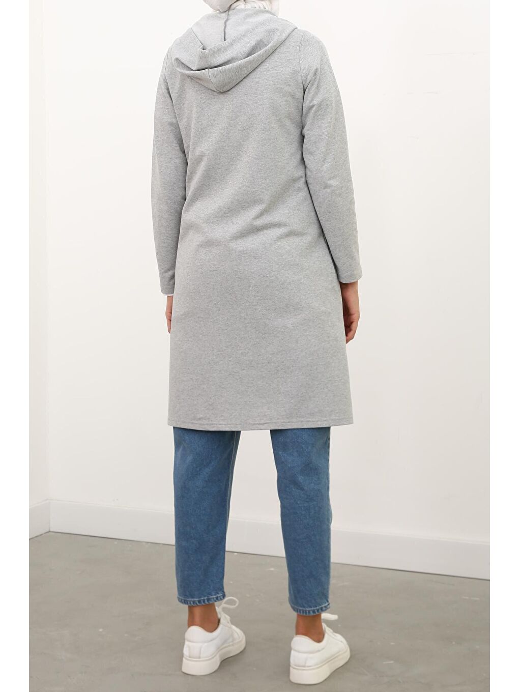 Gri Melanj Fermuarlı Kapüşonlu Hırka-4