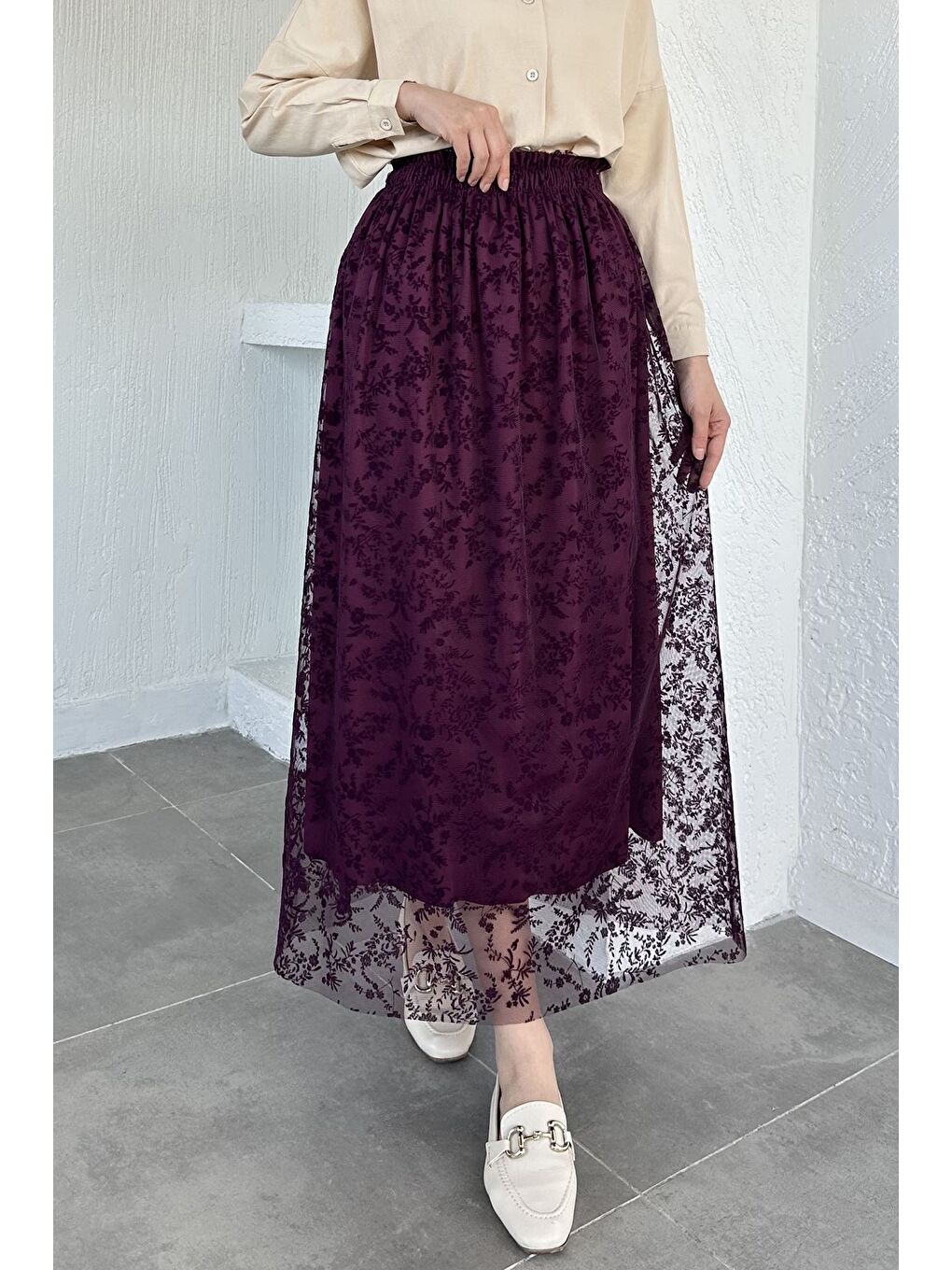 Mürdüm Flok Baskılı Astarlı Tesettür Etek (38-40-42-44 Uyumldur)-3