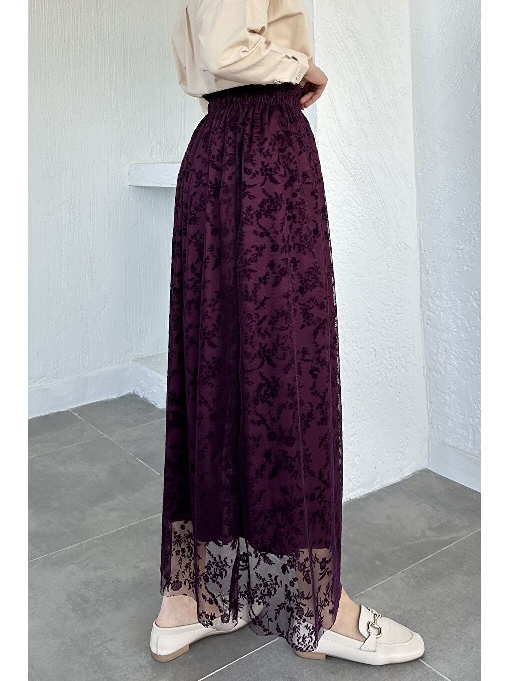 Mürdüm Flok Baskılı Astarlı Tesettür Etek (38-40-42-44 Uyumldur)-4