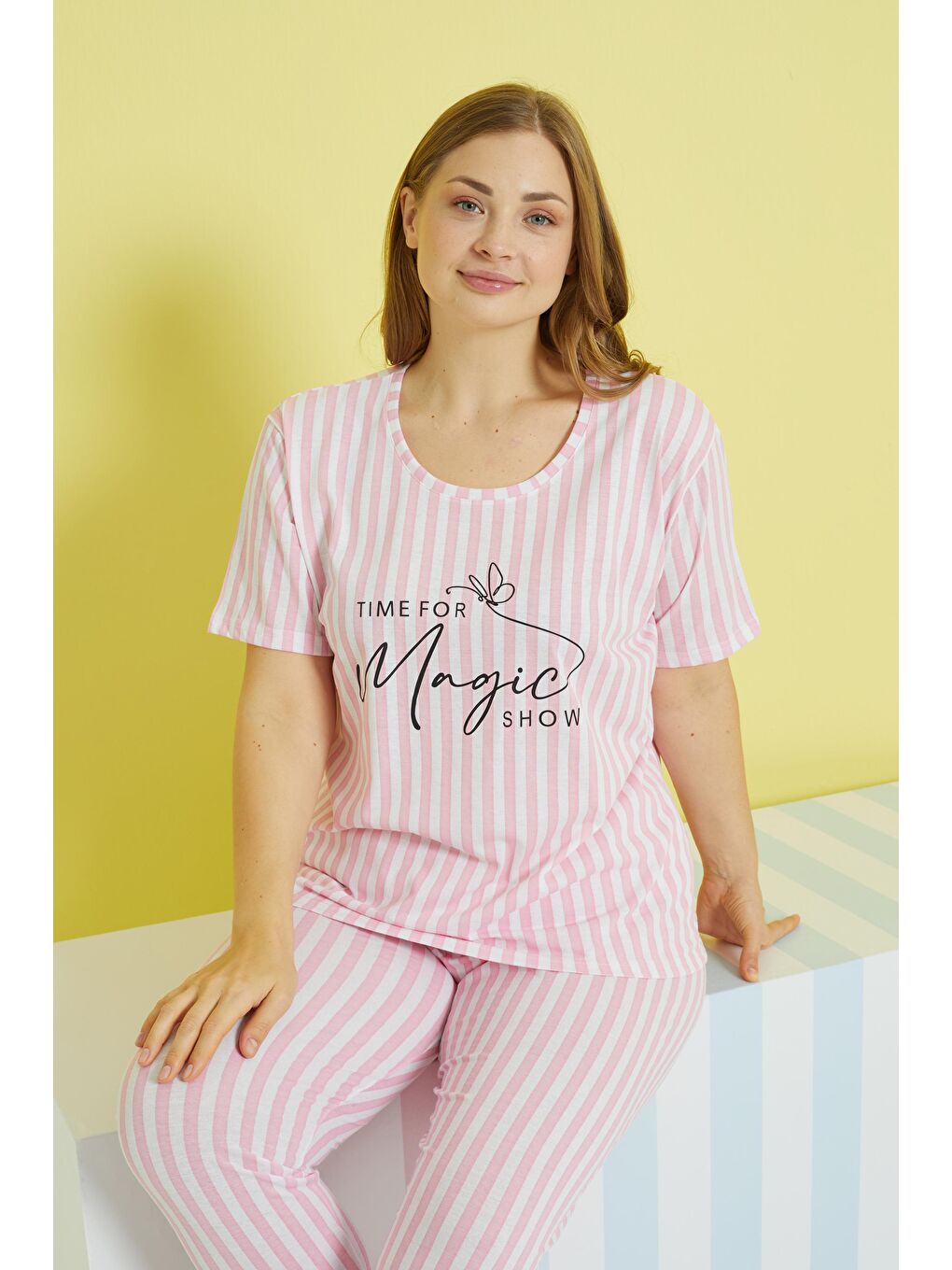 SİYAH İNCİ Pembe Curve Büyük Beden Battal Boy Örme Pijama Takımı - 1