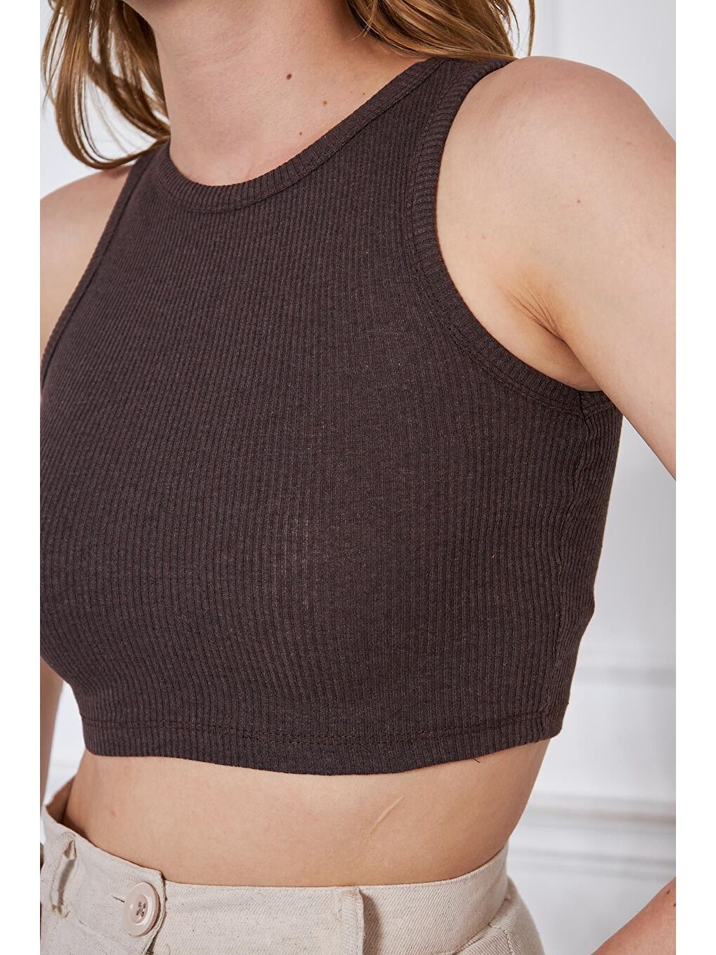 Kahverengi Kadın Crop Top Kahve Basic Bluz-1
