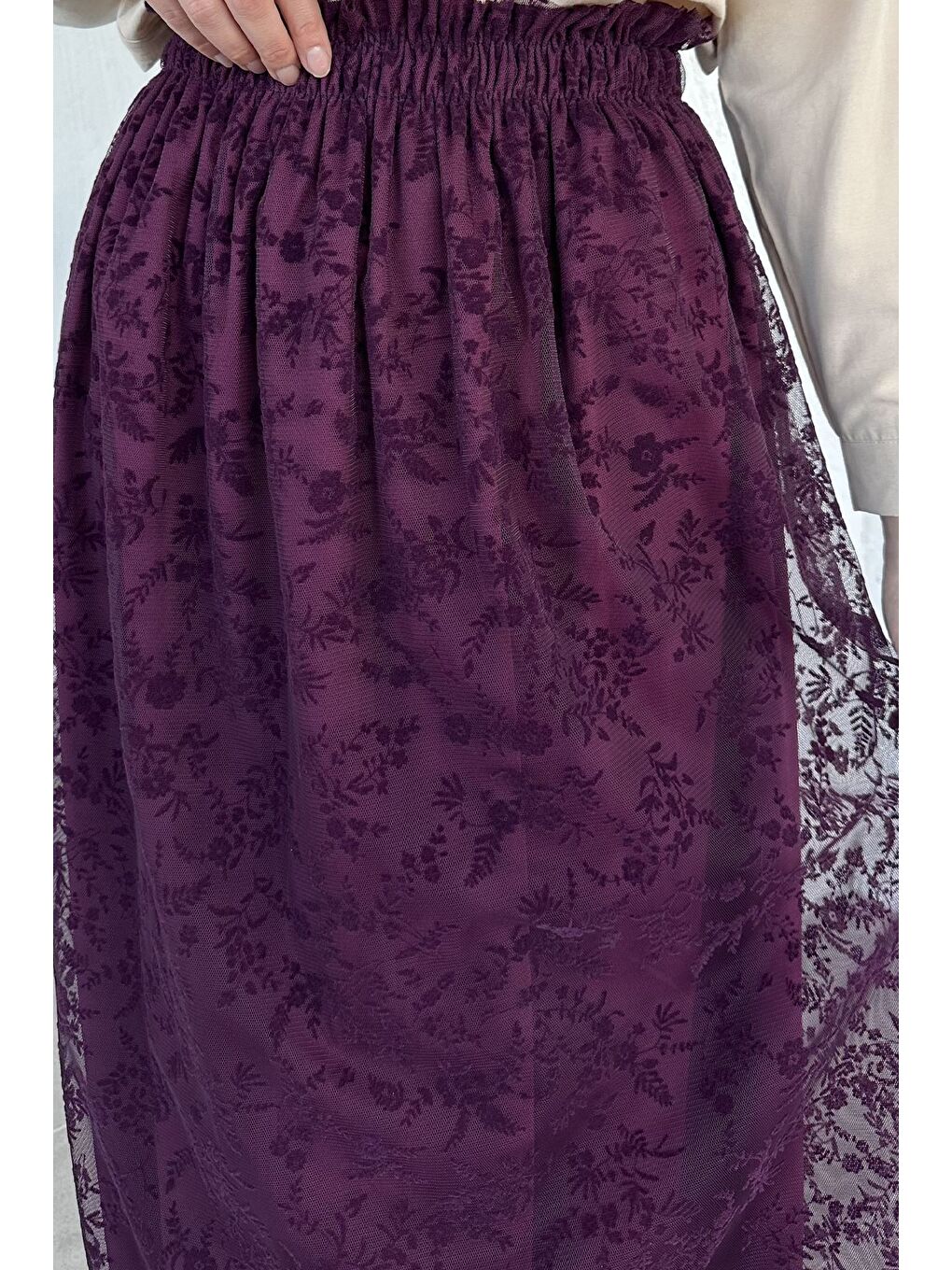 Mürdüm Flok Baskılı Astarlı Tesettür Etek (38-40-42-44 Uyumldur)-6