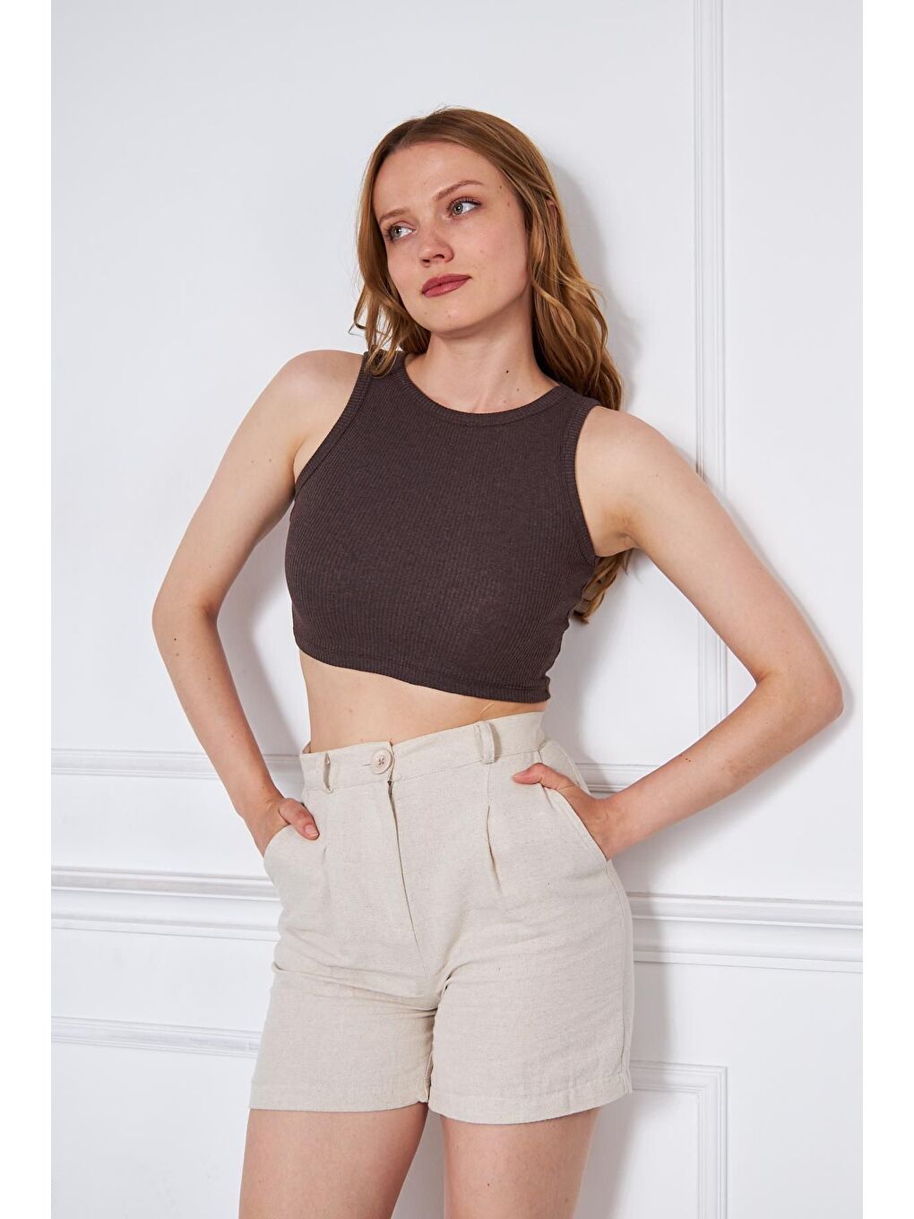 Kahverengi Kadın Crop Top Kahve Basic Bluz-2
