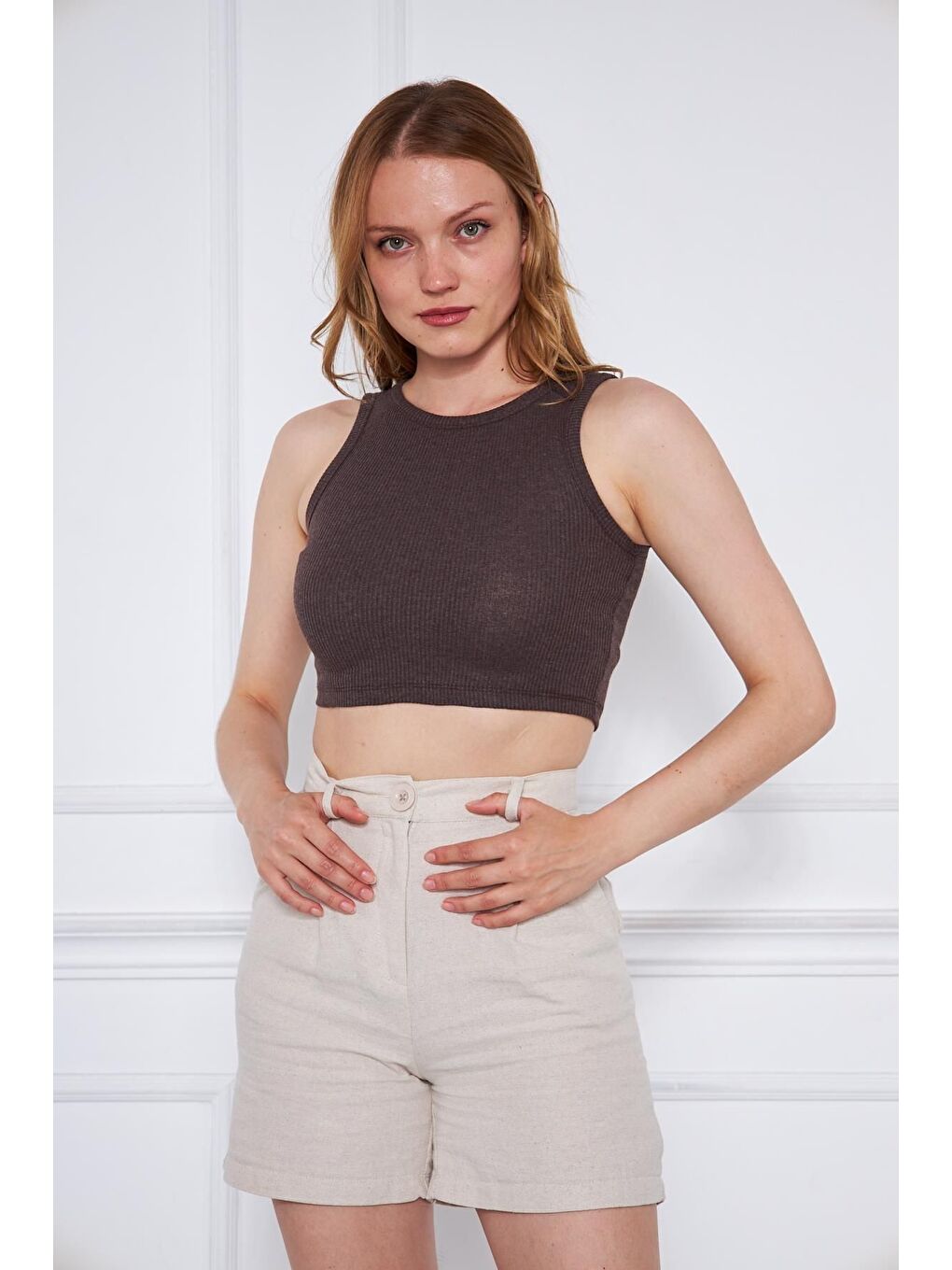 Kahverengi Kadın Crop Top Kahve Basic Bluz-3