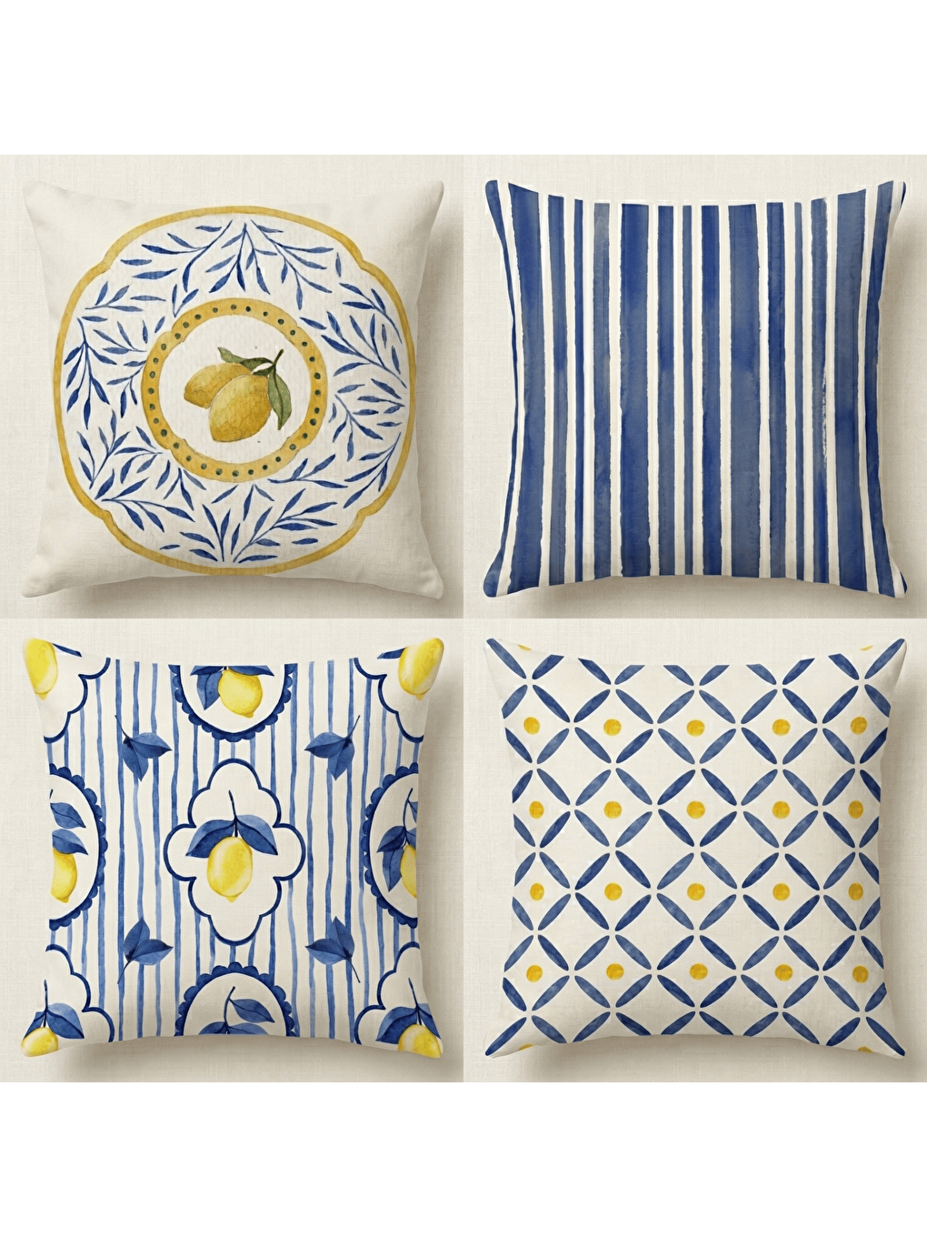Sarı Akdeniz Serisi Limon Temalı 4'lü Dekoratif Kadife Kırlent Kılıfı-3