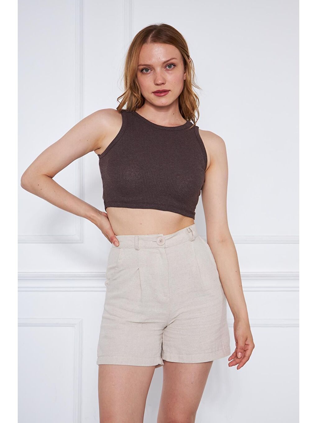 Kahverengi Kadın Crop Top Kahve Basic Bluz-4