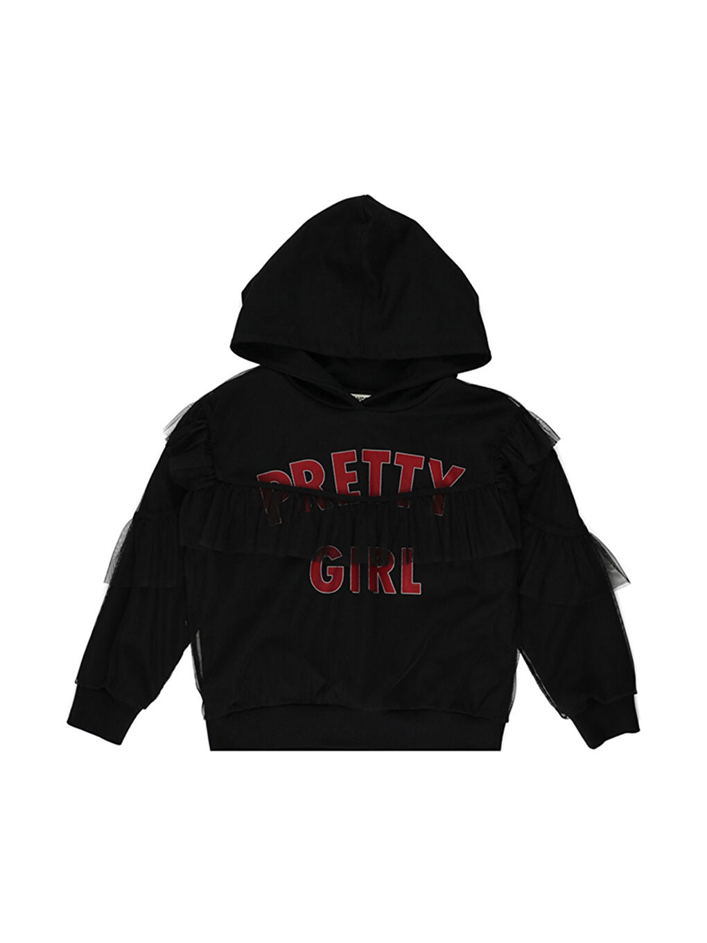 Siyah Kız Çocuk Baskı ve Tül Detaylı Kapüşonlu Sweatshirt