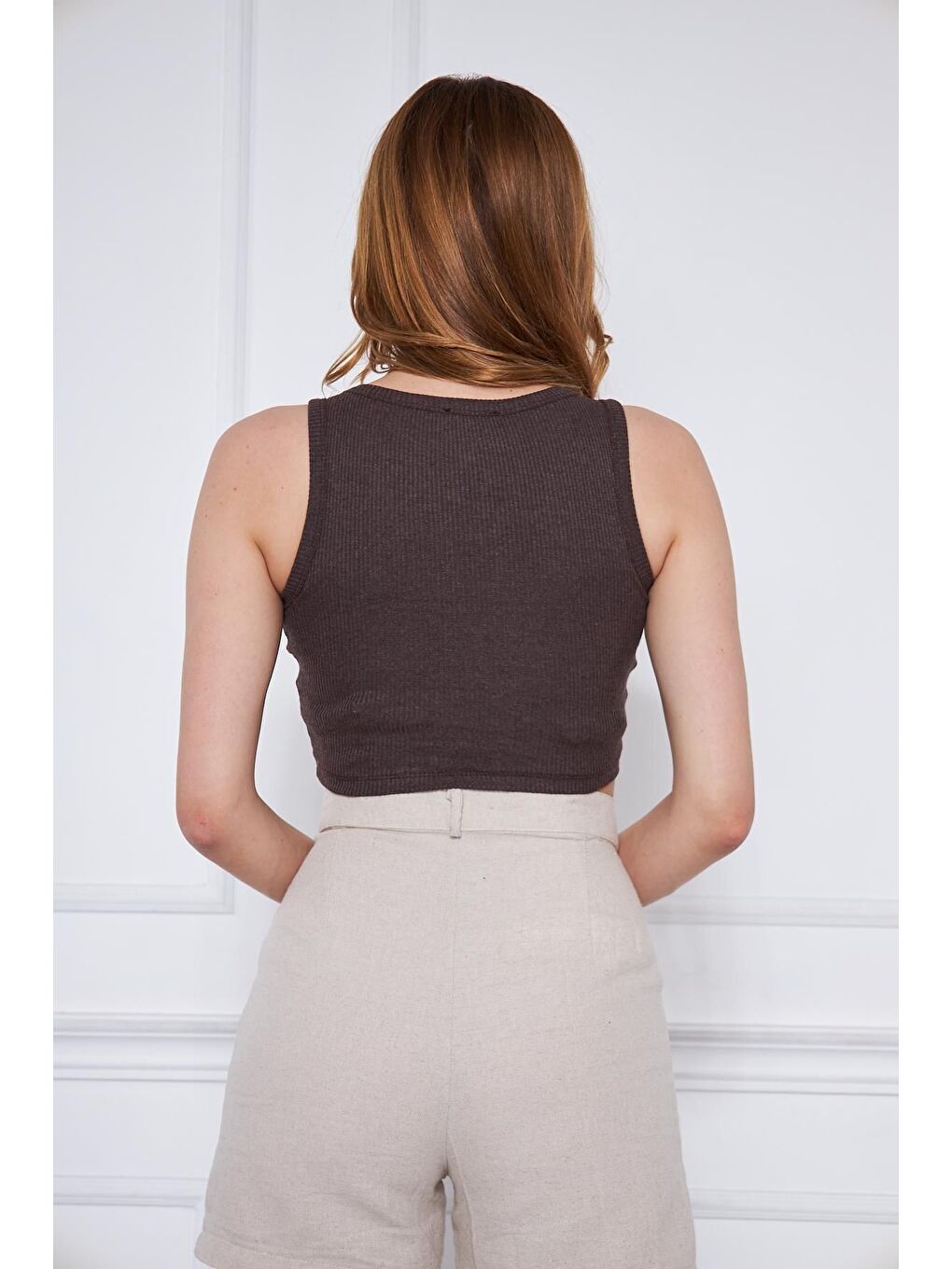 Kahverengi Kadın Crop Top Kahve Basic Bluz-5