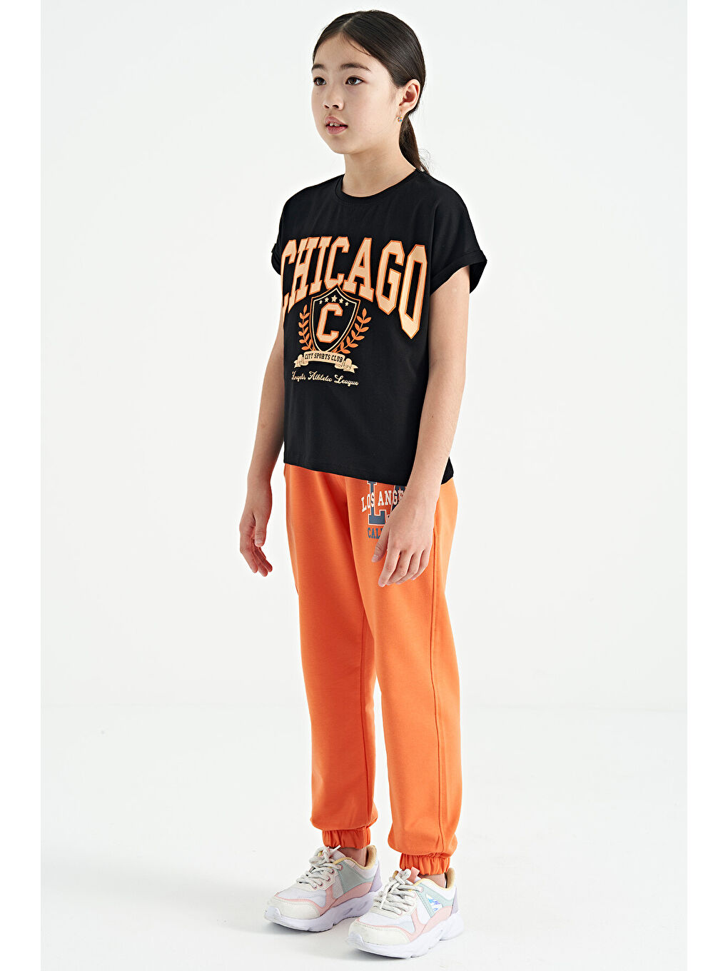 Turuncu Oranj Yazı Nakışlı Standart Kalıp Jogger Kız Çocuk Eşofman Alt - 75120-2