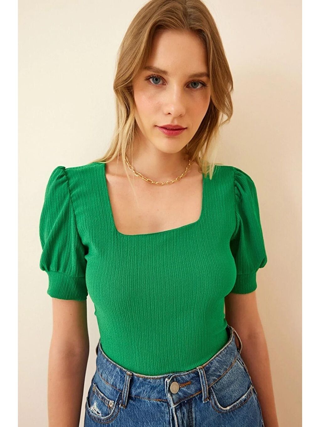 Kadın Örme Kısa Kollu Kare Yaka Basic Yeşil Bluz