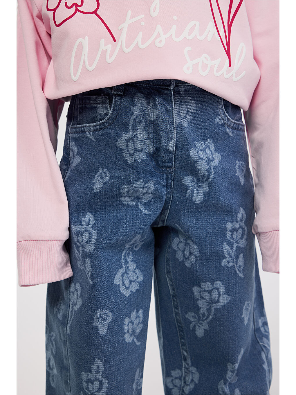Kız Çocuk Çiçek Desenli İndigo Jean Pantolon-1