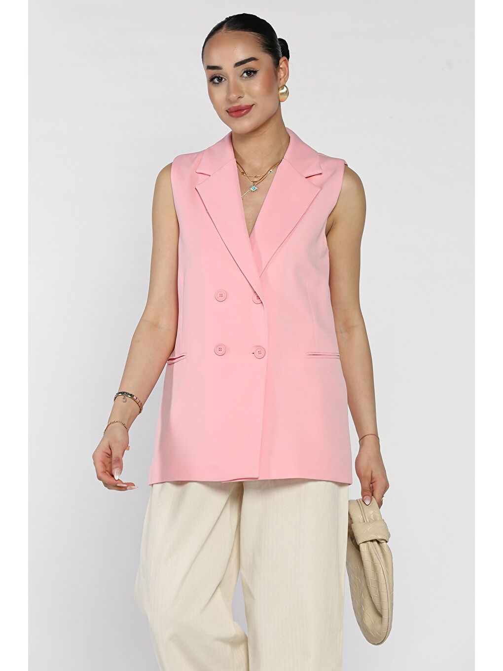 Pembe Kruvaze Yaka Astarlı Kadın Yelek-1