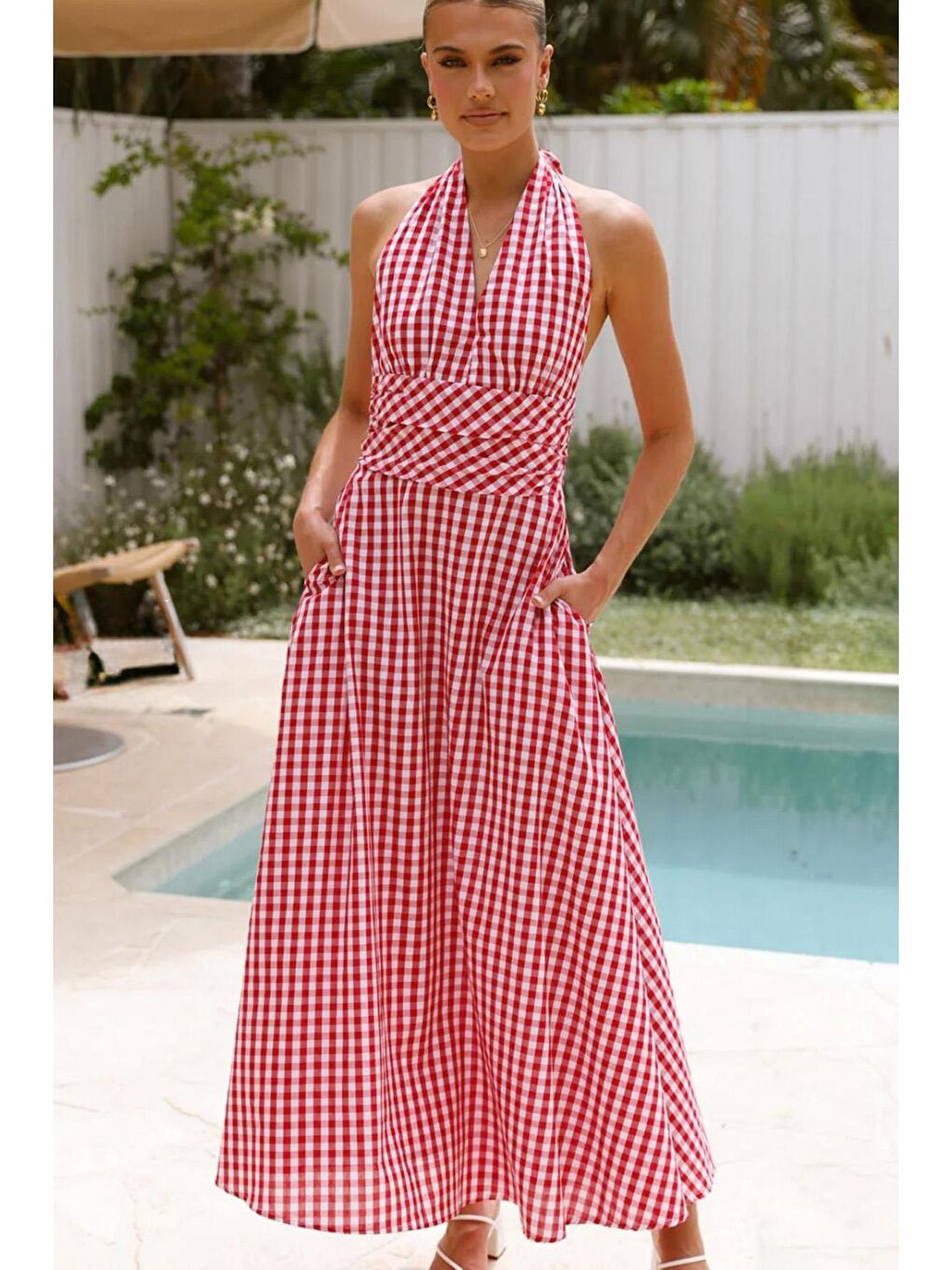 Kırmızı Ekoseli Midi Boy Kadın Elbise Mg2350-5