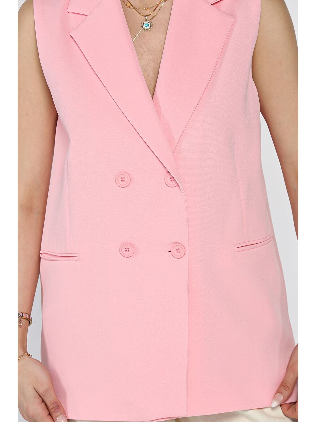 Pembe Kruvaze Yaka Astarlı Kadın Yelek-3