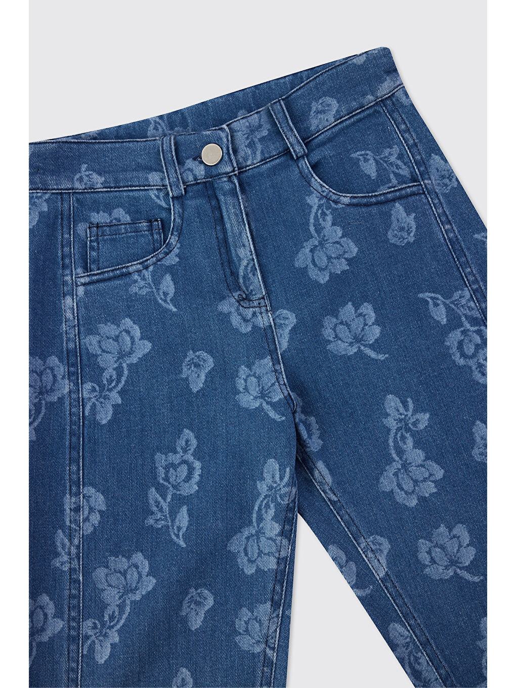 Kız Çocuk Çiçek Desenli İndigo Jean Pantolon-4