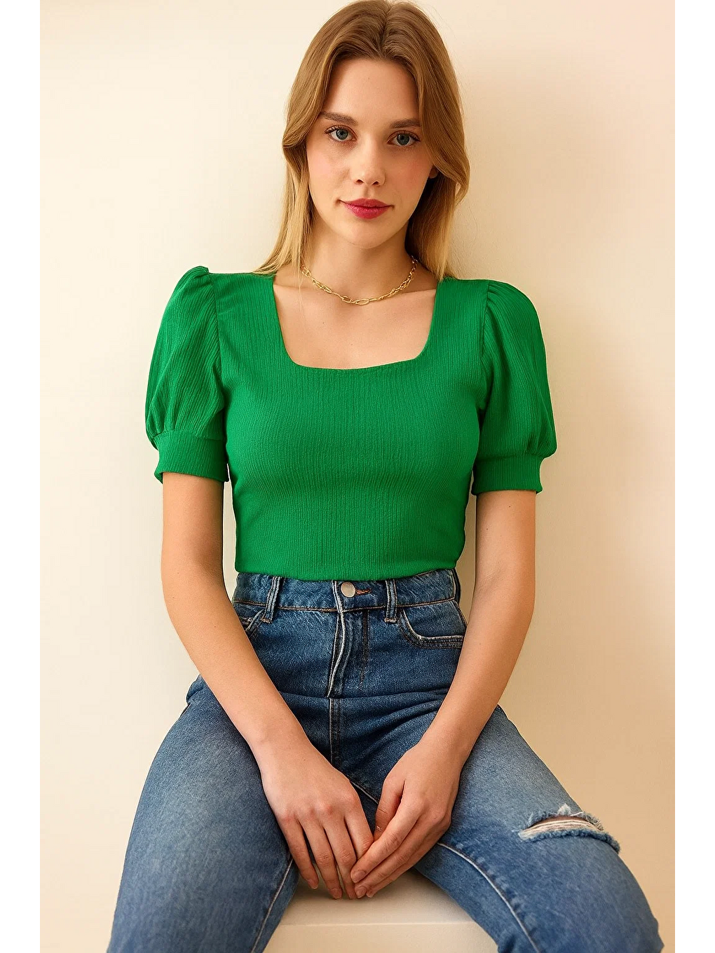 Kadın Örme Kısa Kollu Kare Yaka Basic Yeşil Bluz-2