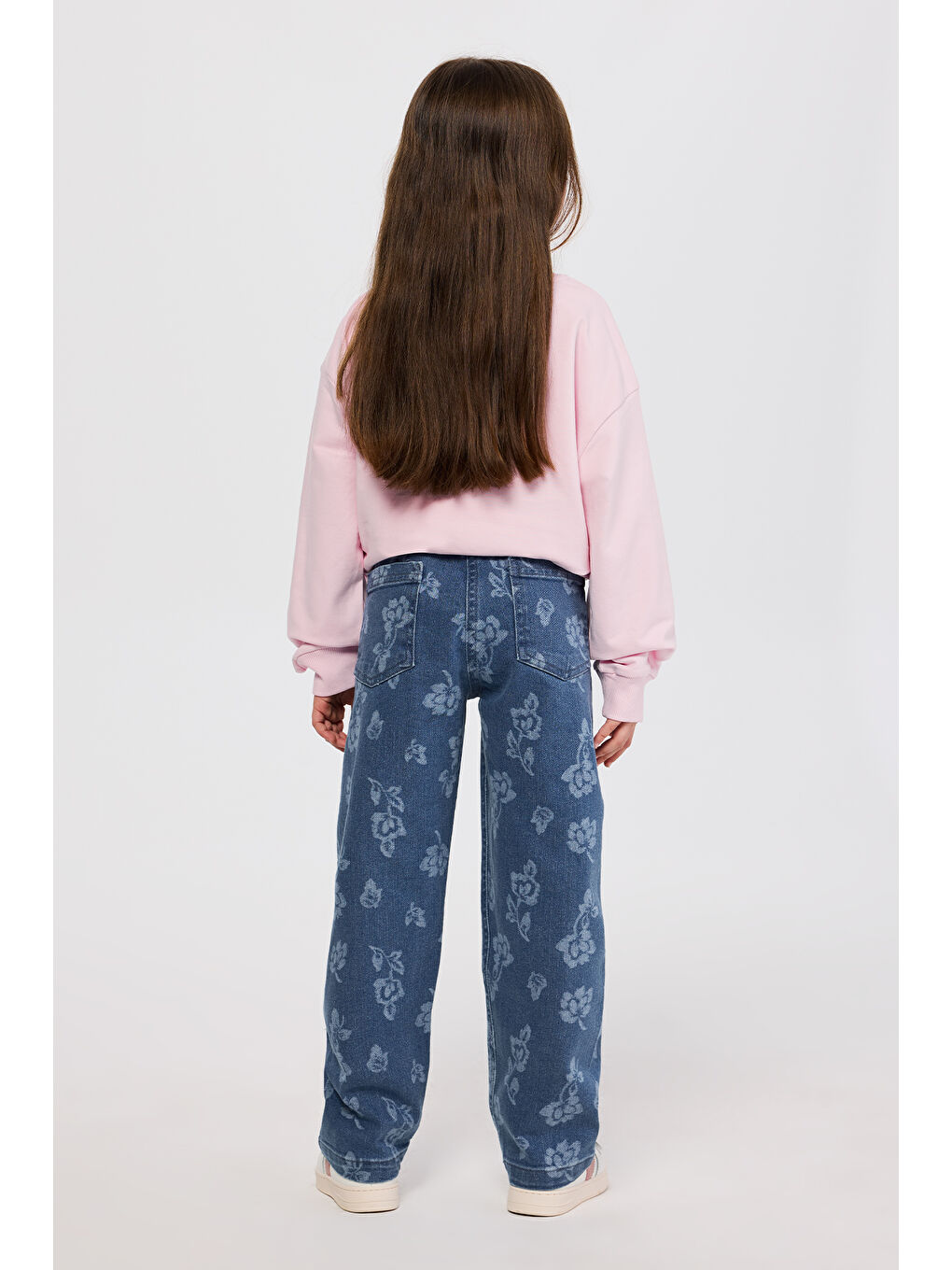 Kız Çocuk Çiçek Desenli İndigo Jean Pantolon-5