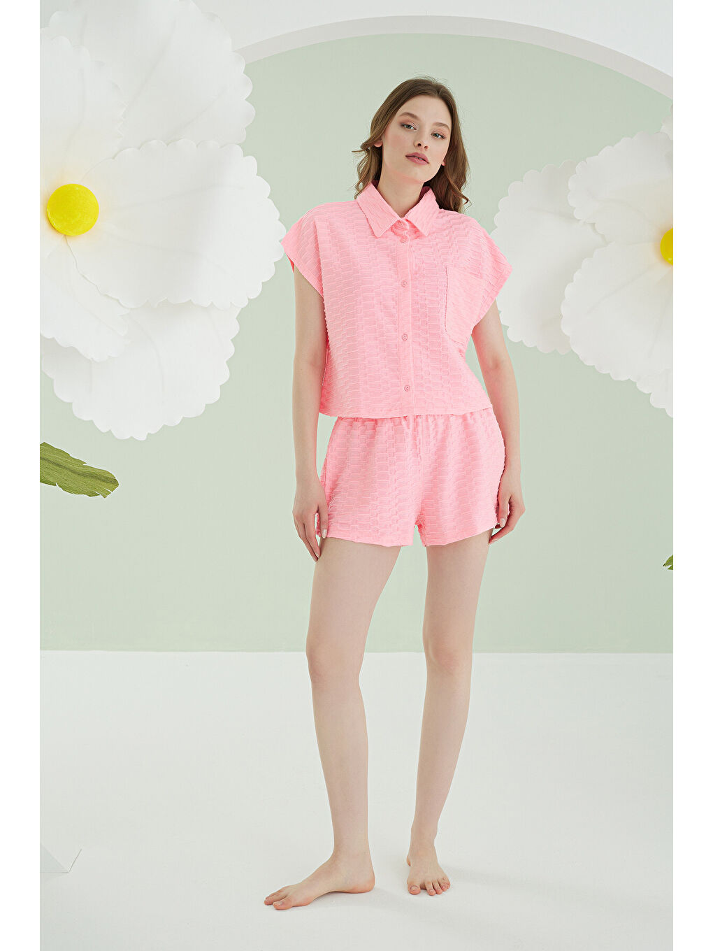 Fuşya Şortlu Önden Düğmeli Pijama Takımı-1