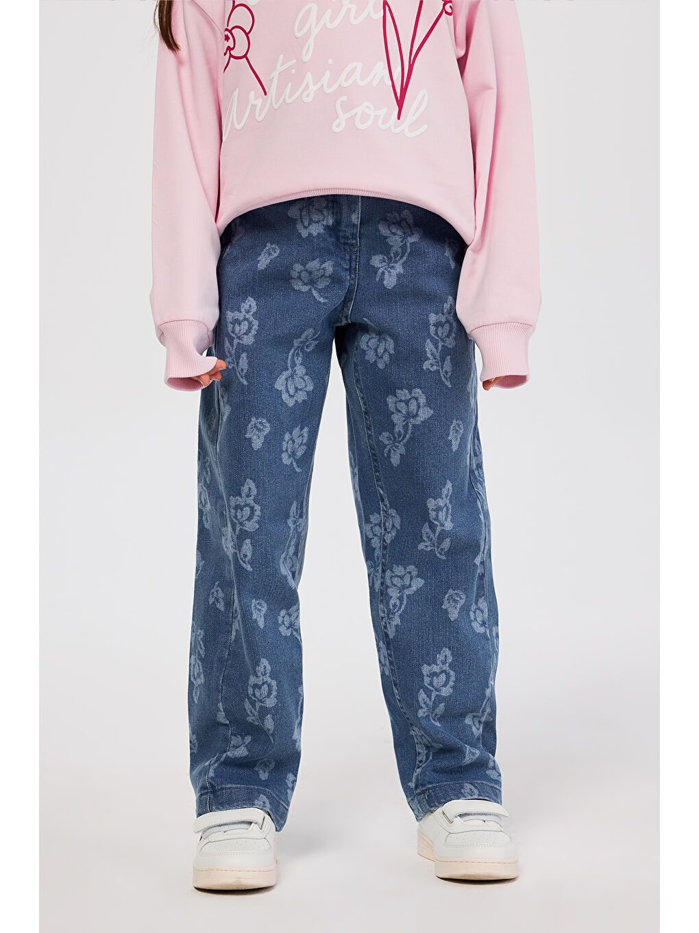 Kız Çocuk Çiçek Desenli İndigo Jean Pantolon-6
