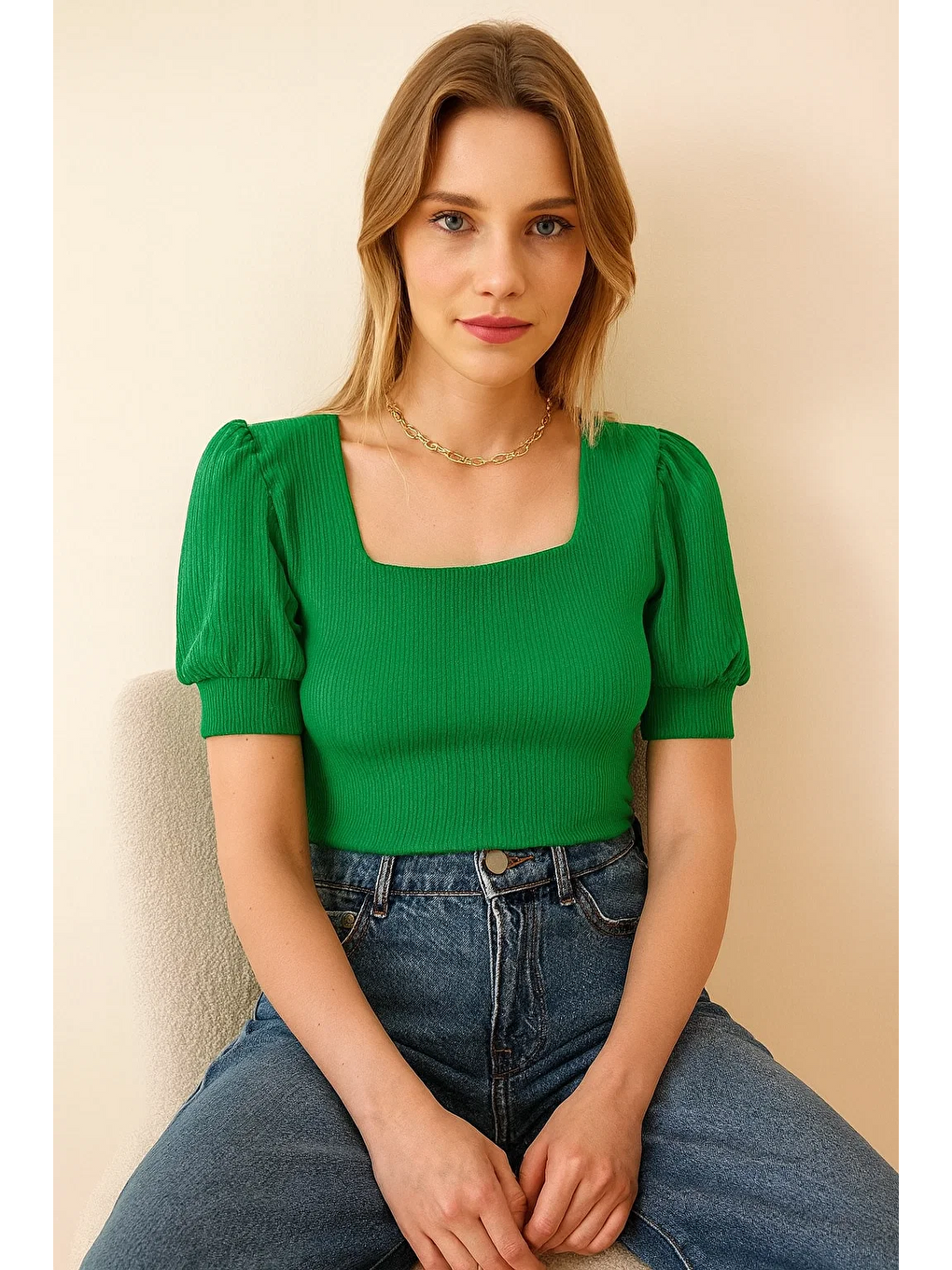 Kadın Örme Kısa Kollu Kare Yaka Basic Yeşil Bluz-3