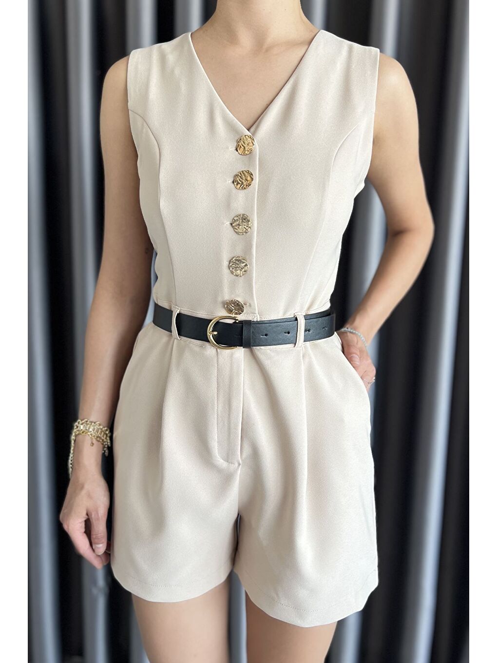 Bej Kadın Kemerli Tulum-3