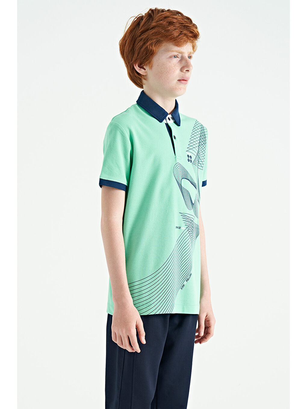 Turkuaz Su Yeşili Baskı Detaylı Standart Kalıp Polo Yaka Erkek Çocuk Tişört - 11164-4