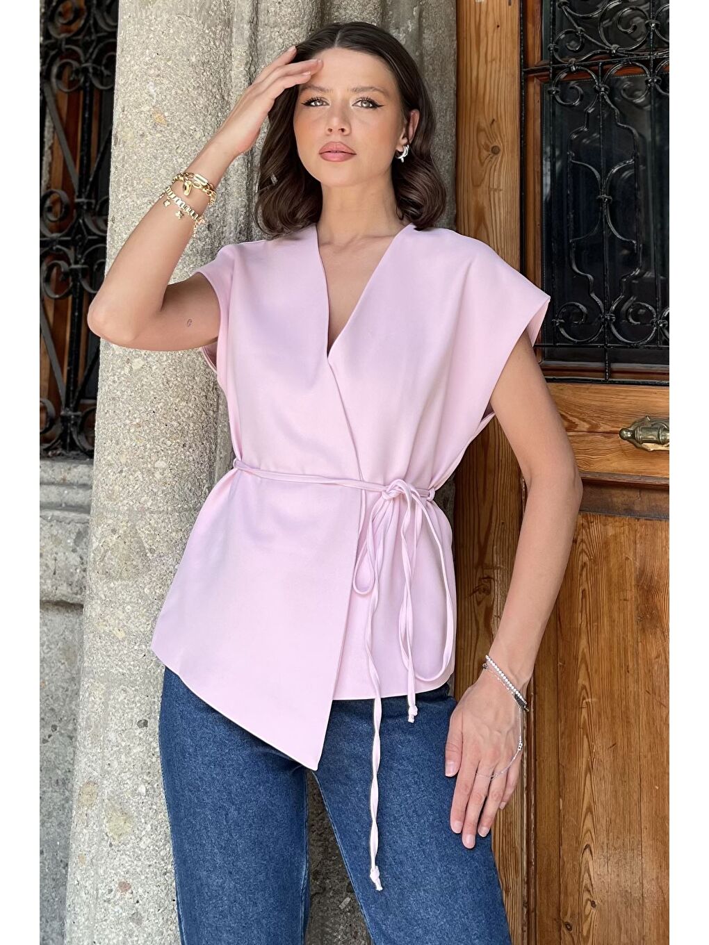 Pembe Kadın Kruvaze Yaka Bel Bağlama Detaylı Astarlı Yelek